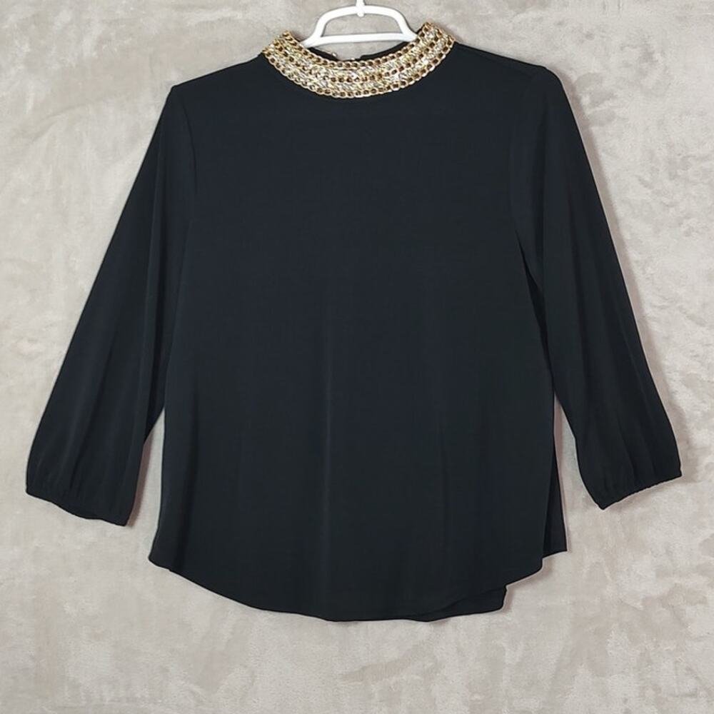 Moa Moa Black Embellished Top Medium Jeweled Rhinestone Chain Collar 3/4 Sleeve